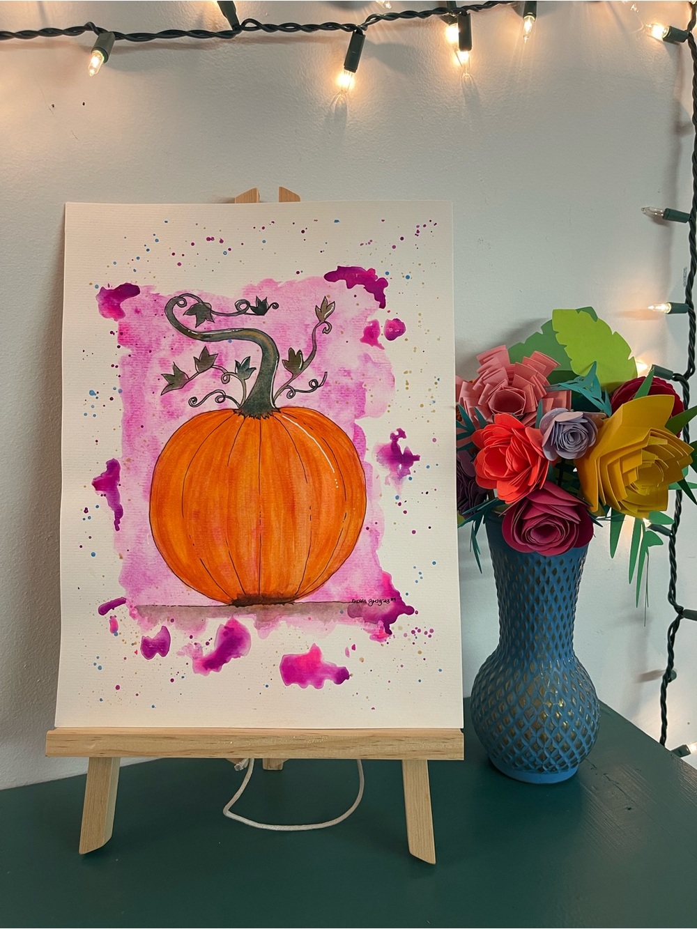 Pink Spell Original Pumpkin Watercolor Painting 9x12 - Picture 4 of 4